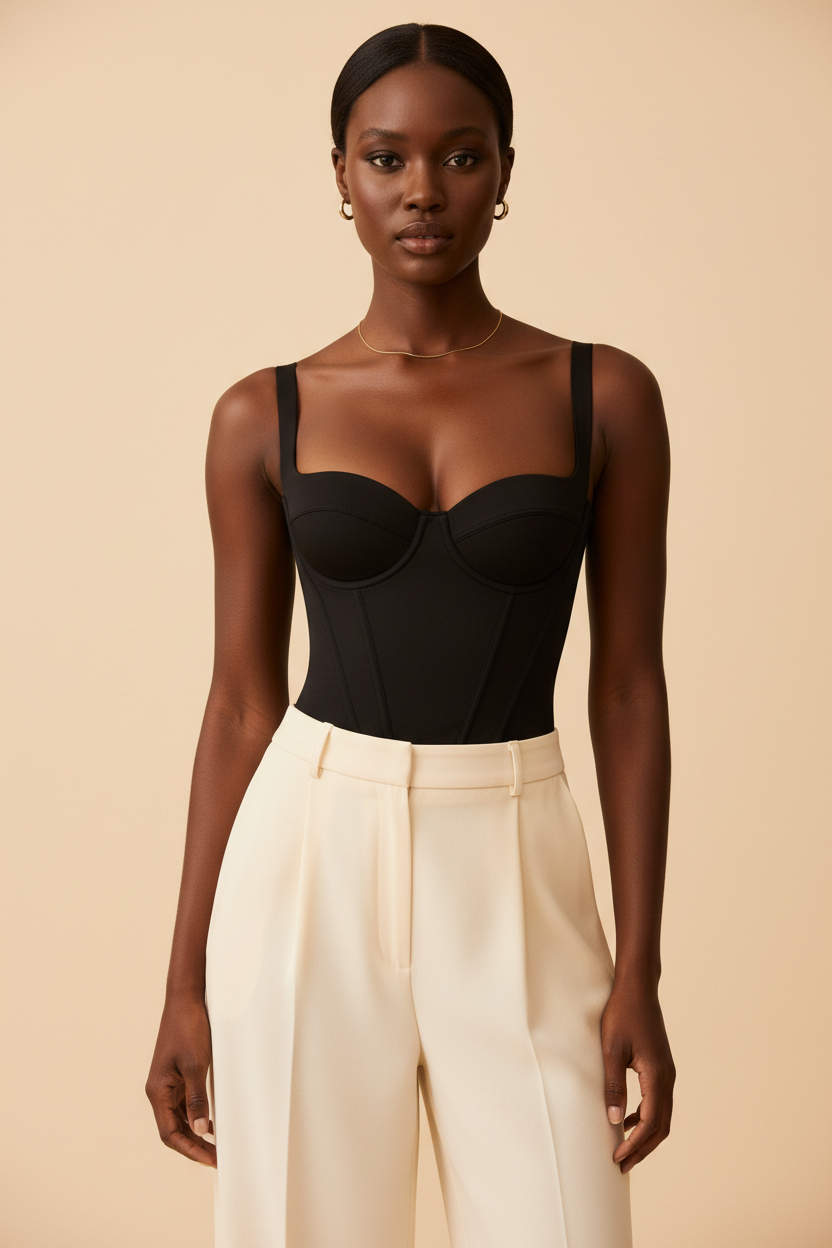 Open-Bust Sculpting Corset Bodysuit - Model 2 Front View