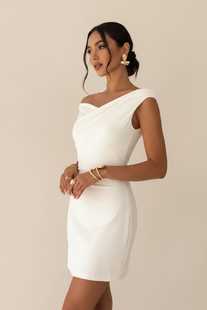 White off-shoulder draped mini dress - neckline detail - BYS Boutique