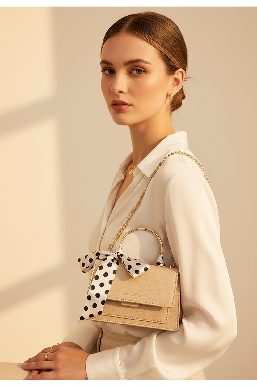Beige textured crossbody handbag with gold chain strap worn crossbody