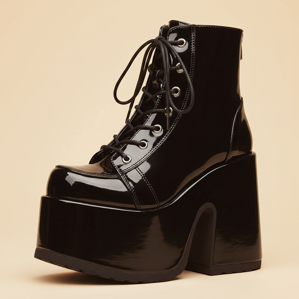 Black patent leather platform combat boots close-up detail