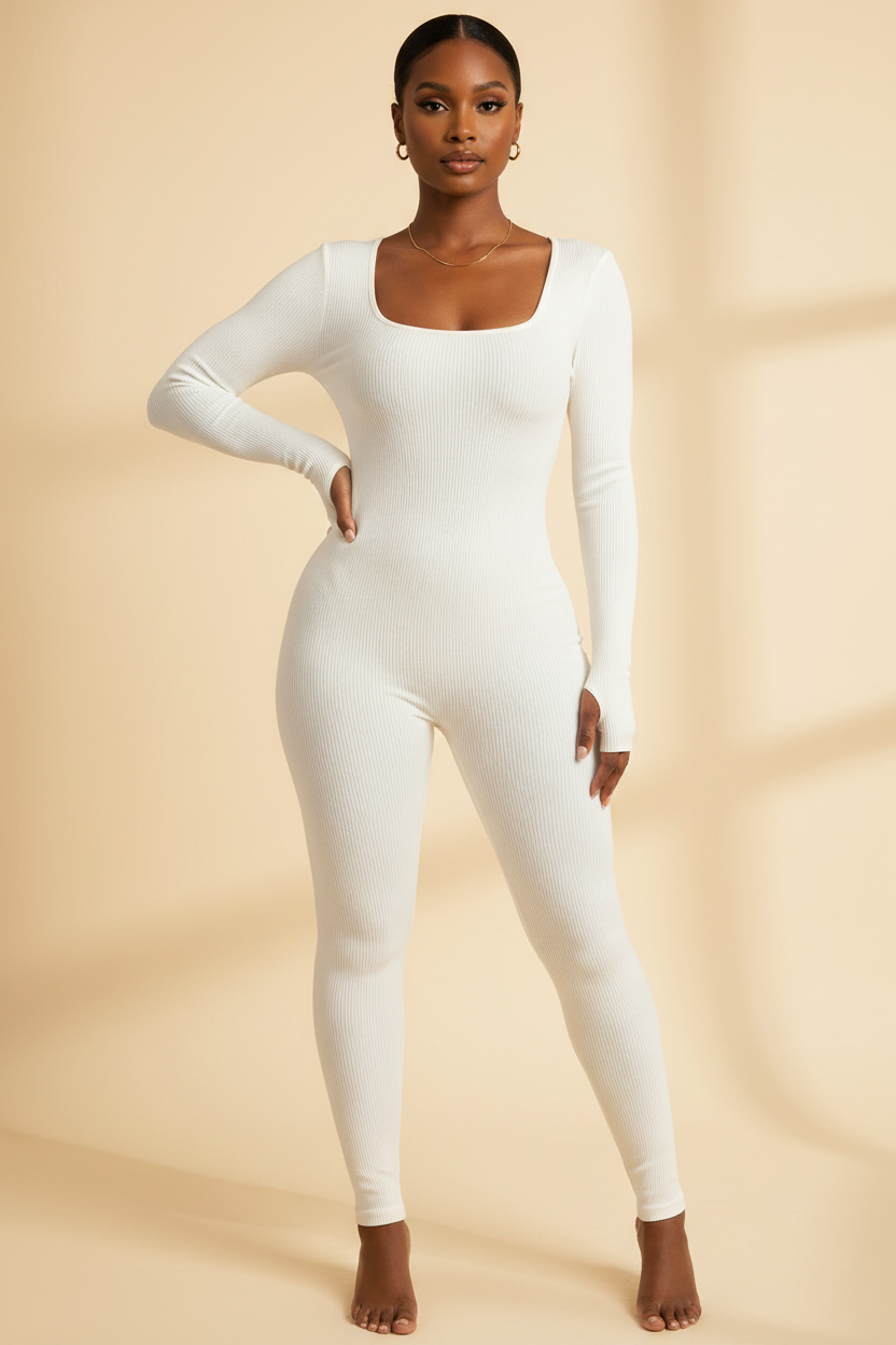 Model wearing white seamless ribbed long-sleeve jumpsuit
