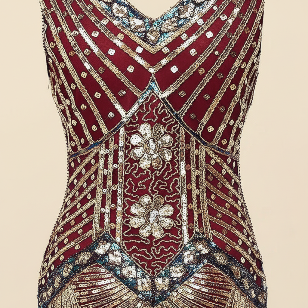 Burgundy gold 1920s flapper dress bodice beading close-up