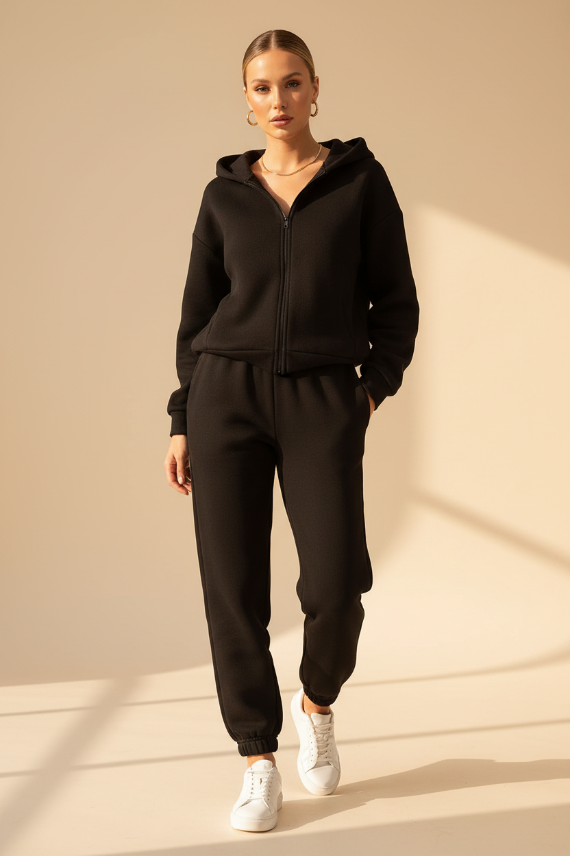 Fleece Tracksuit Set - Model 3 Black Full Length