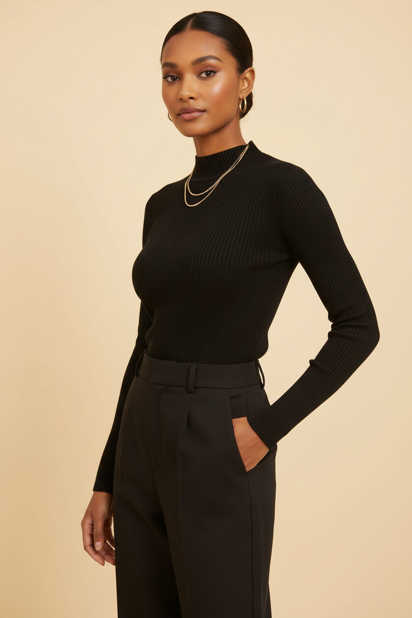 Black ribbed mock neck slim-fit knit sweater - Model 2