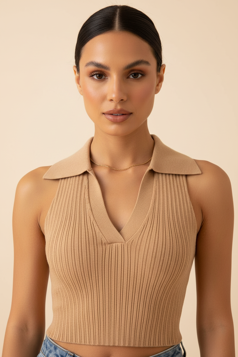 Model wearing beige ribbed knit collar crop top