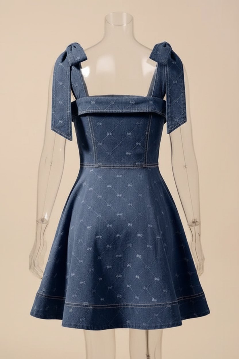 Denim A-line bow strap mini dress - product back - BYS Boutique