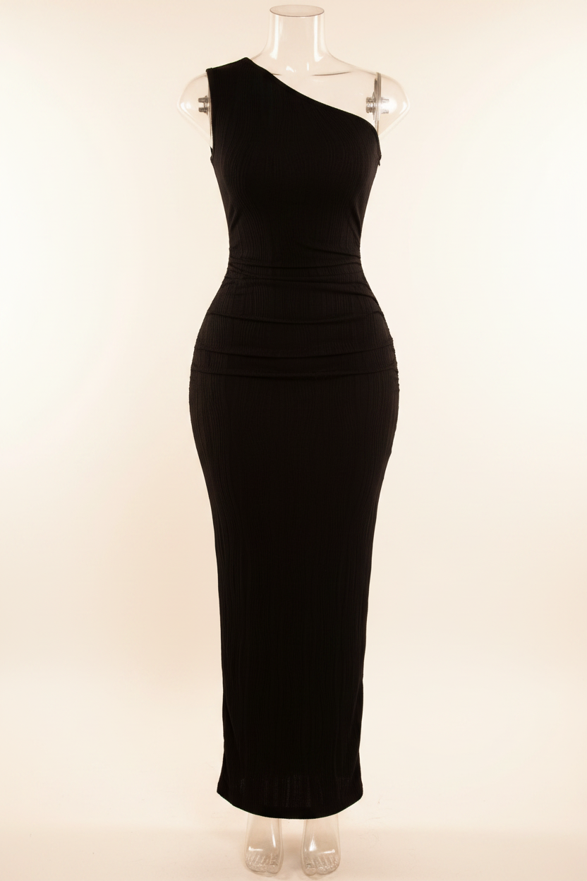 Black one-shoulder ruched maxi dress - product shot - BYS Boutique