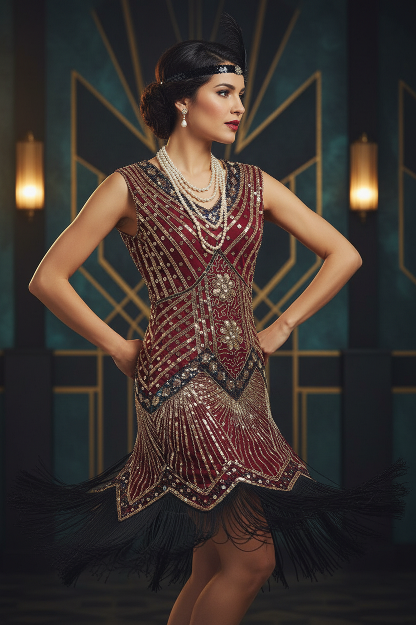 Model wearing burgundy gold 1920s flapper dress dancing with fringe in motion