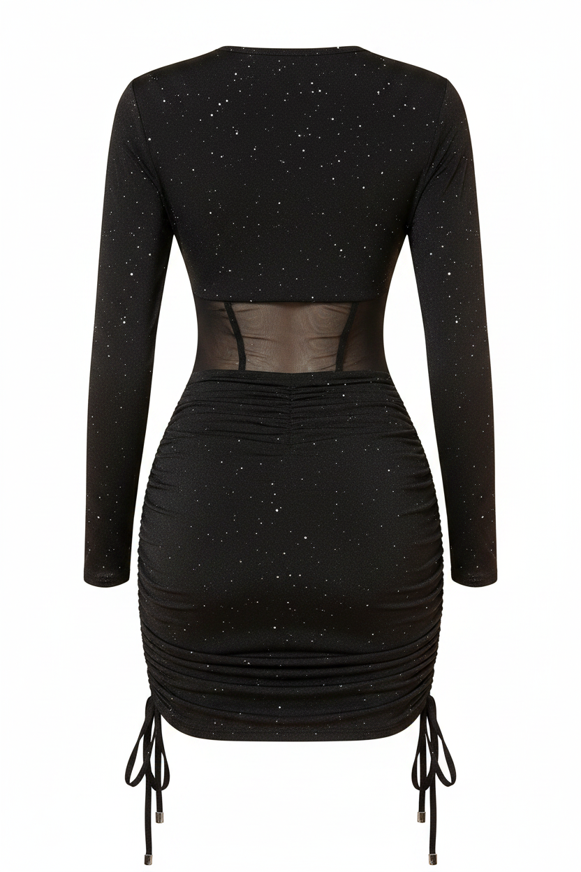 Black glitter ruched long sleeve mini dress - product back - BYS Boutique