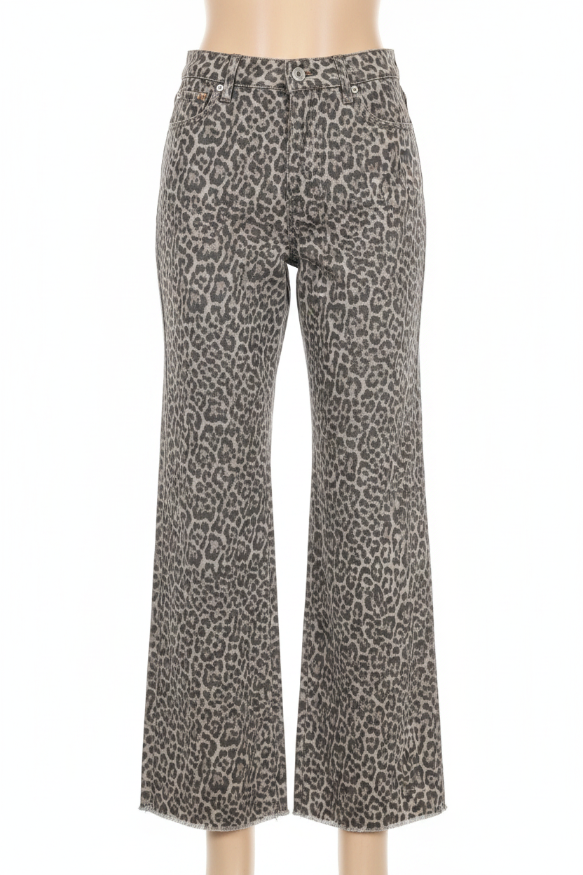 Grey leopard wide leg high waist jeans - product shot - BYS Boutique