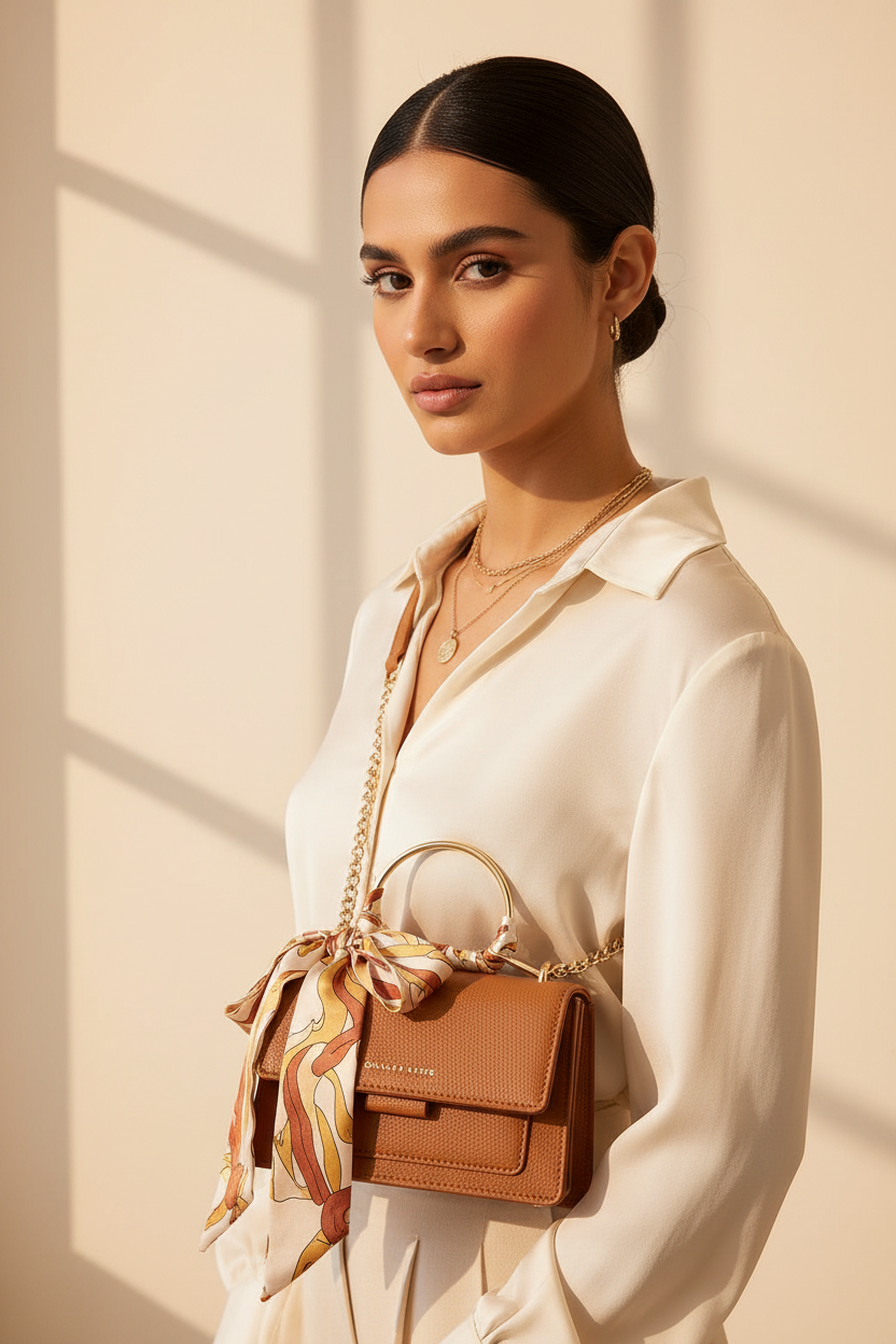 Brown cognac textured crossbody handbag with gold chain strap worn crossbody