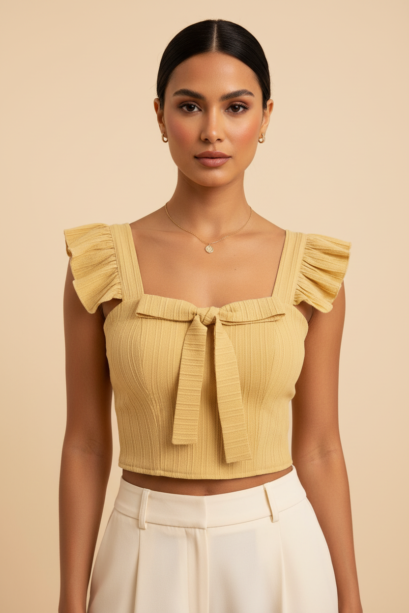 Model wearing butter yellow ruffled square-neck crop top