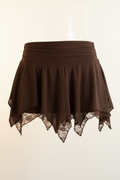 Brown asymmetric lace trim ruched mini skirt - product shot - BYS Boutique