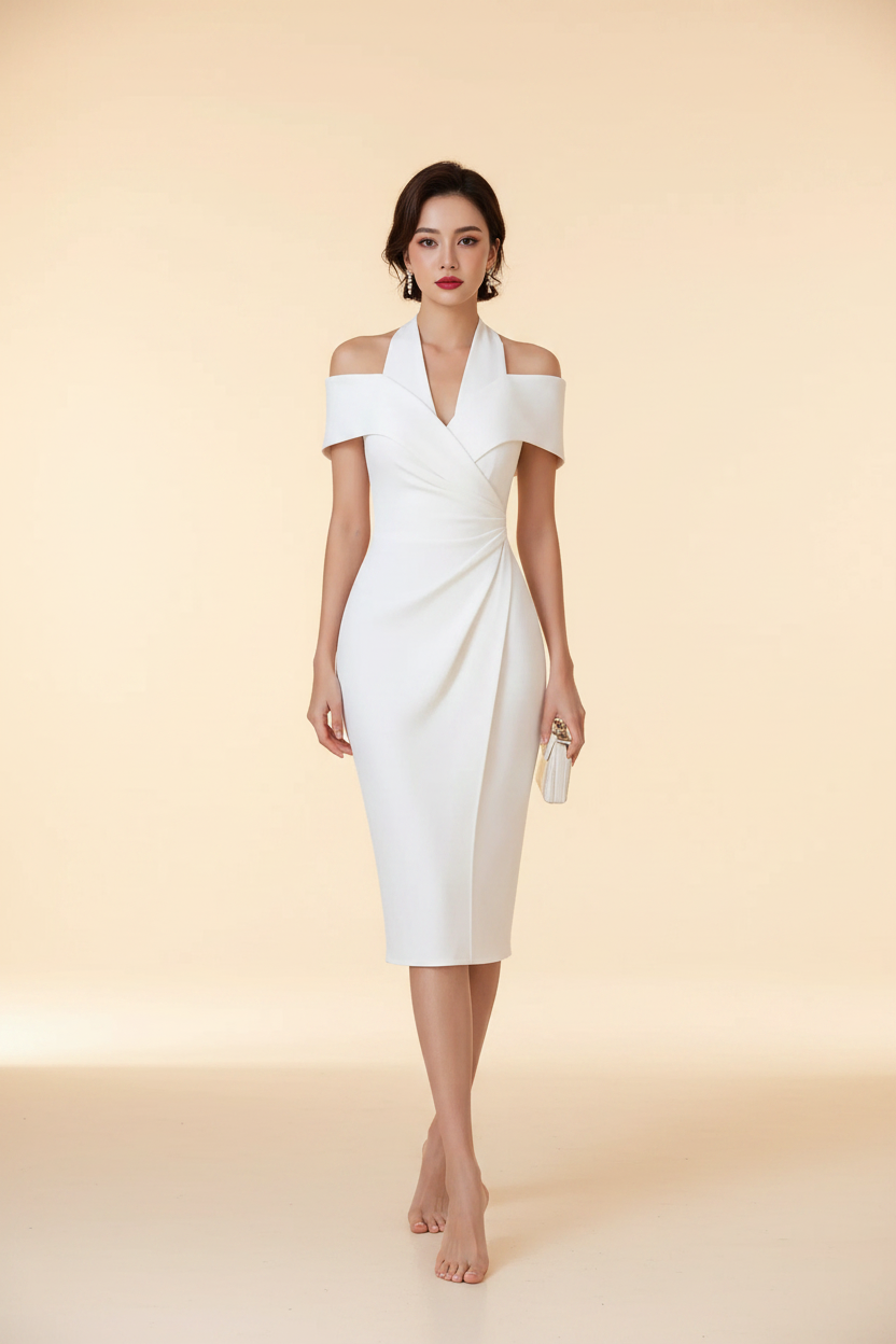 White cold shoulder halter neck midi dress - BYS Boutique