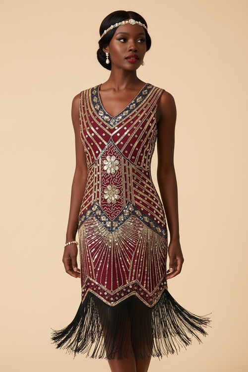 Model wearing burgundy gold 1920s flapper dress three quarter view