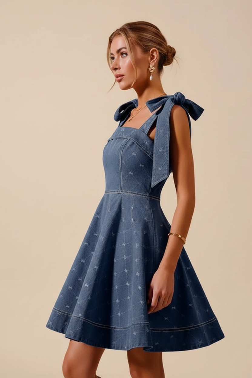 Denim A-line bow strap mini dress - side profile - BYS Boutique