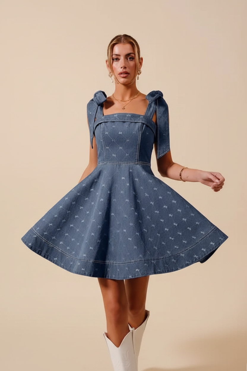 Denim A-line bow strap mini dress - walking pose - BYS Boutique