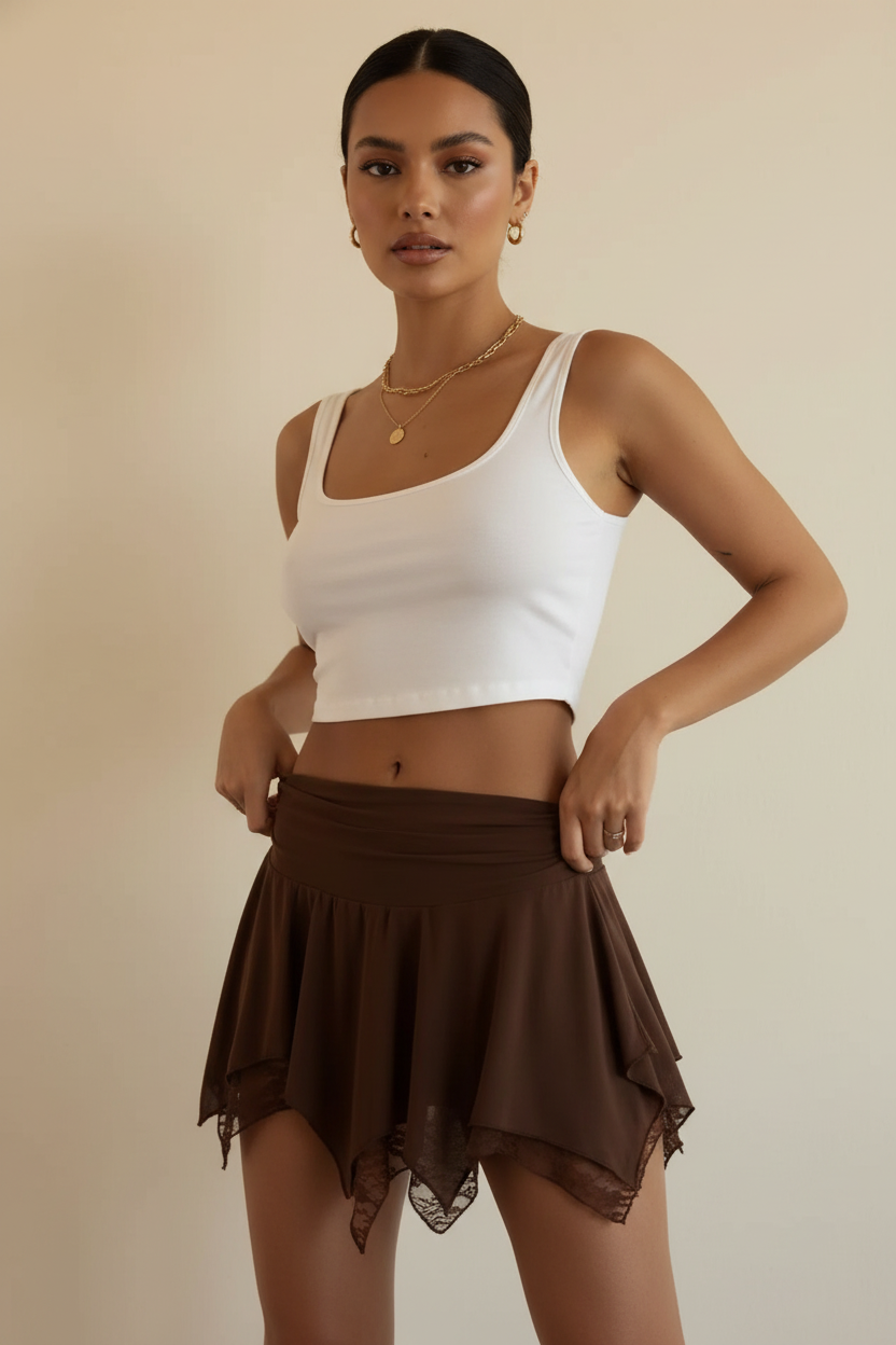 Brown asymmetric lace trim ruched mini skirt - waist detail - BYS Boutique