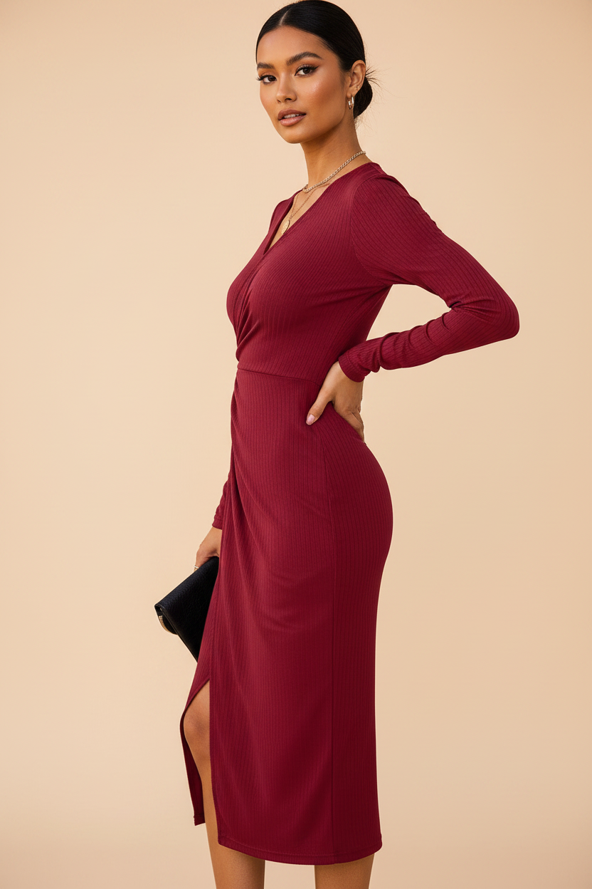 Ribbed Knit Bodycon Midi Dress - Model 1 Side Slit