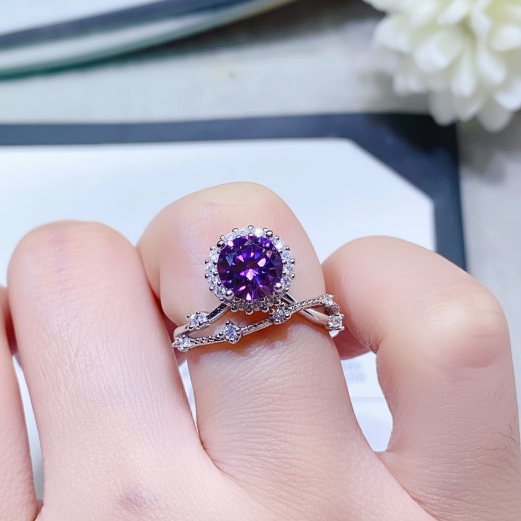 Saphir Halo — Purple Moissanite Hand Close-Up