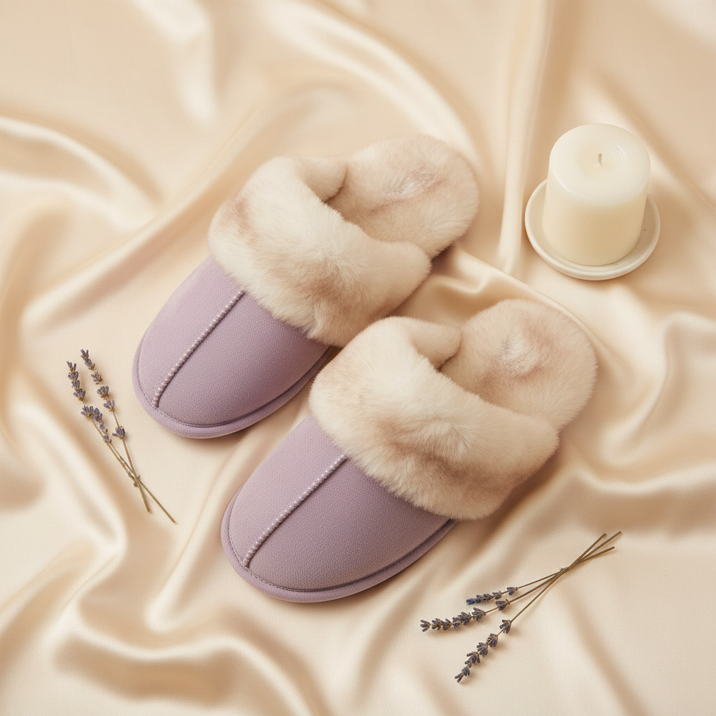 Lavender faux fur slippers flat lay with lavender sprigs