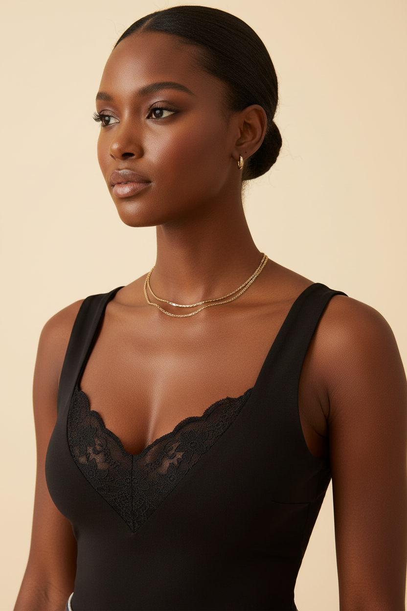 Black lace detail V-neck tank top - neckline detail - BYS Boutique