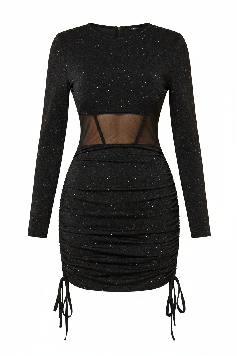 Black glitter ruched long sleeve mini dress - product front - BYS Boutique