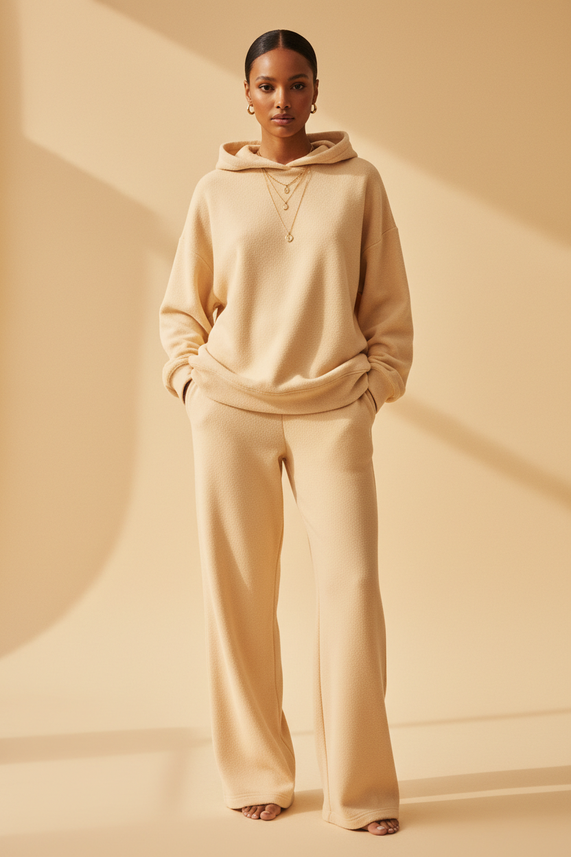 Model wearing fleece two-piece tracksuit set, front studio shot