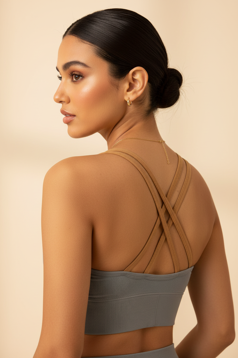 Model wearing grey ribbed cross-back sports bra over shoulder back view