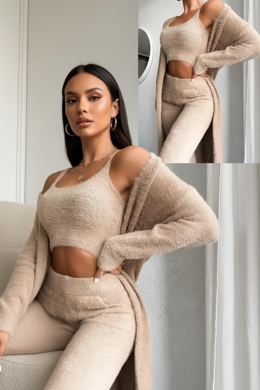 3-Piece Fuzzy Fleece Loungewear Set - Model 1 Beige Sitting