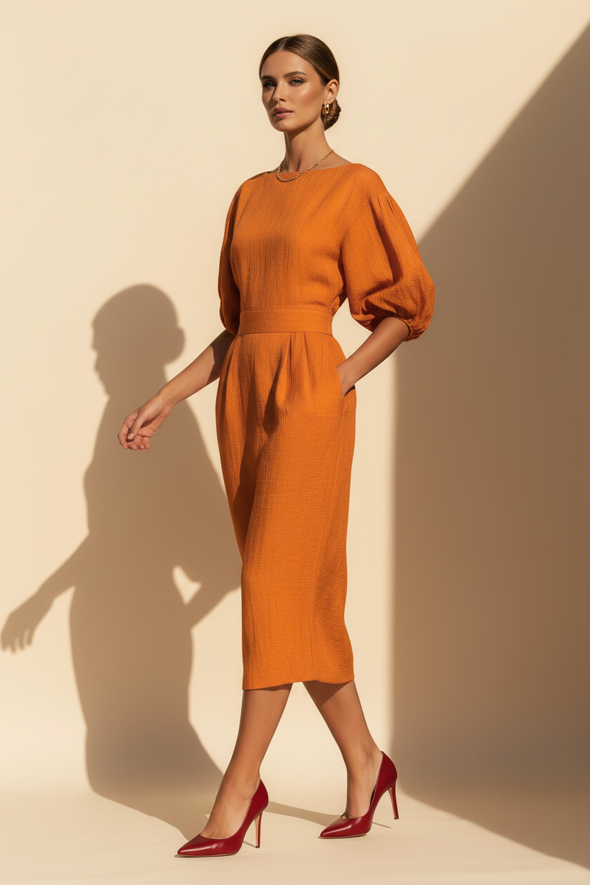 Orange puff sleeve midi dress - walking pose - BYS Boutique