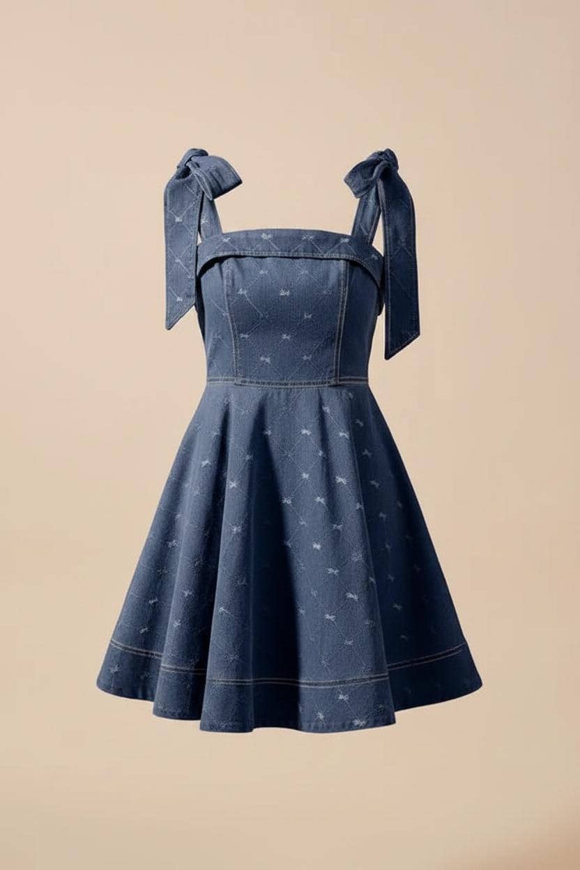Denim A-line bow strap mini dress - product front - BYS Boutique
