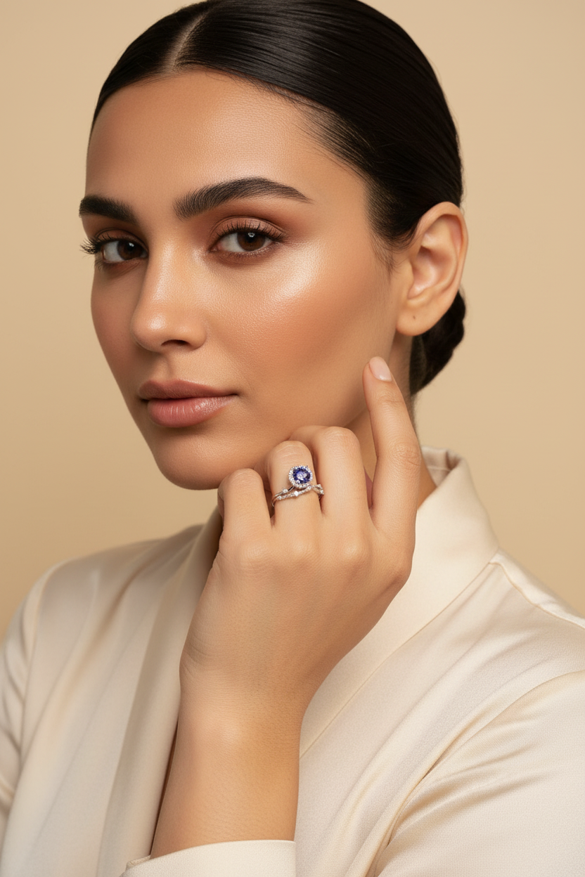 Saphir Halo — Purple Moissanite Studio Editorial