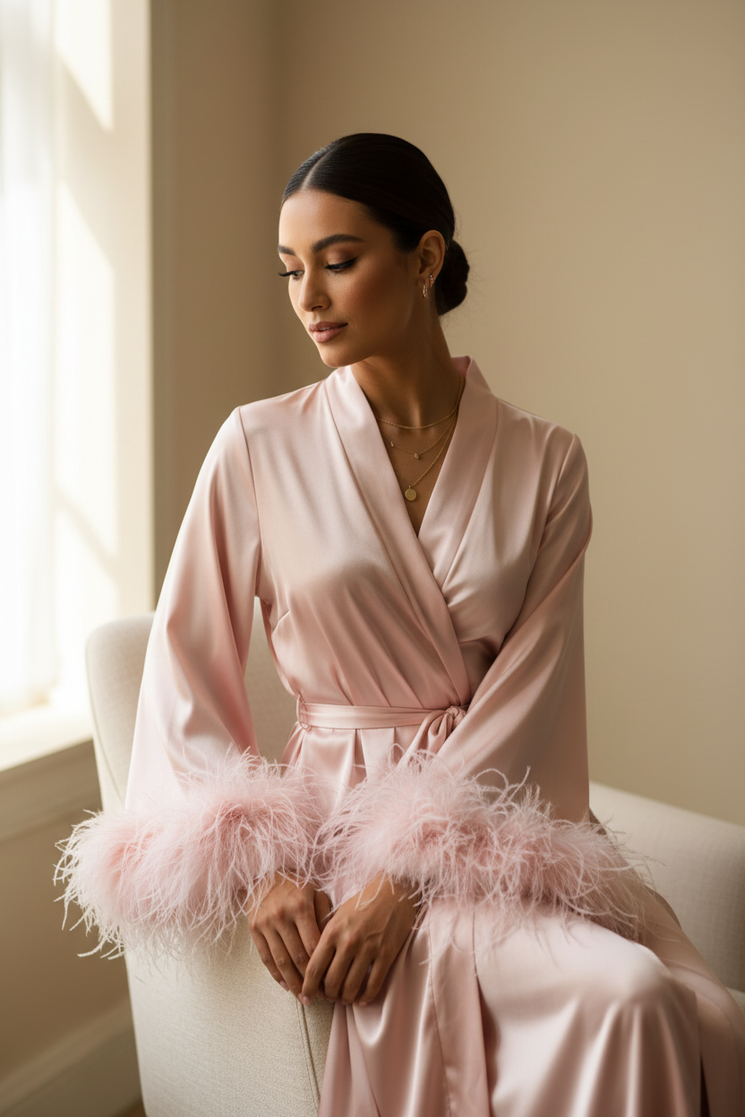 Luxury Satin Feather Bridal Robe - Candid Bridal