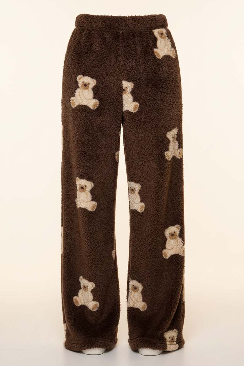Brown teddy bear plush wide leg lounge pants - product shot - BYS Boutique