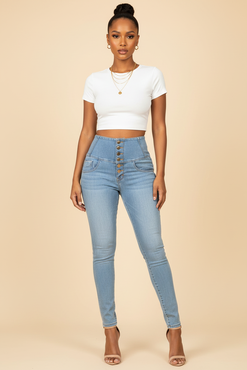 Model wearing light wash high waist slim fit jeans