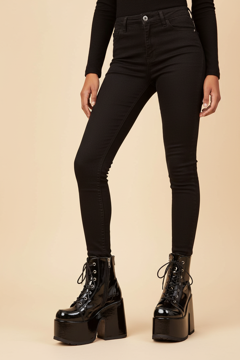 Model wearing black patent leather platform combat boots front view