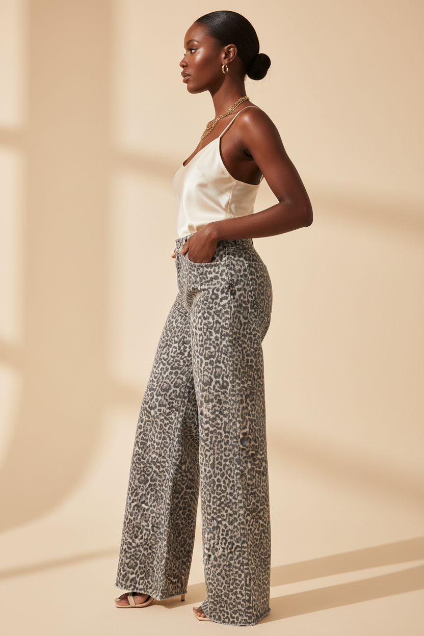 Grey leopard wide leg high waist jeans - side profile - BYS Boutique