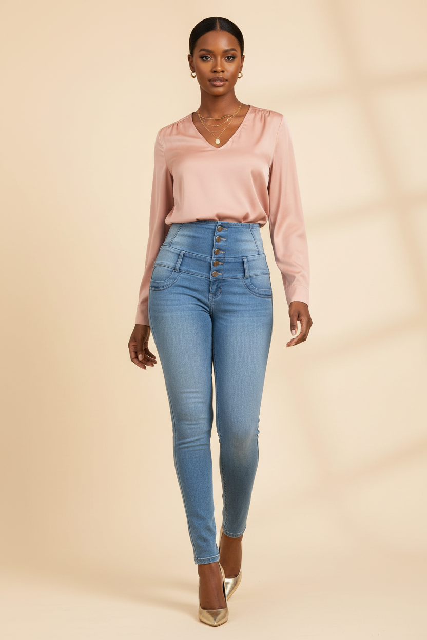 Model wearing light wash jeans lifestyle shot