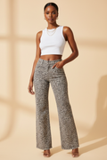Grey leopard wide leg high waist jeans - front view - BYS Boutique