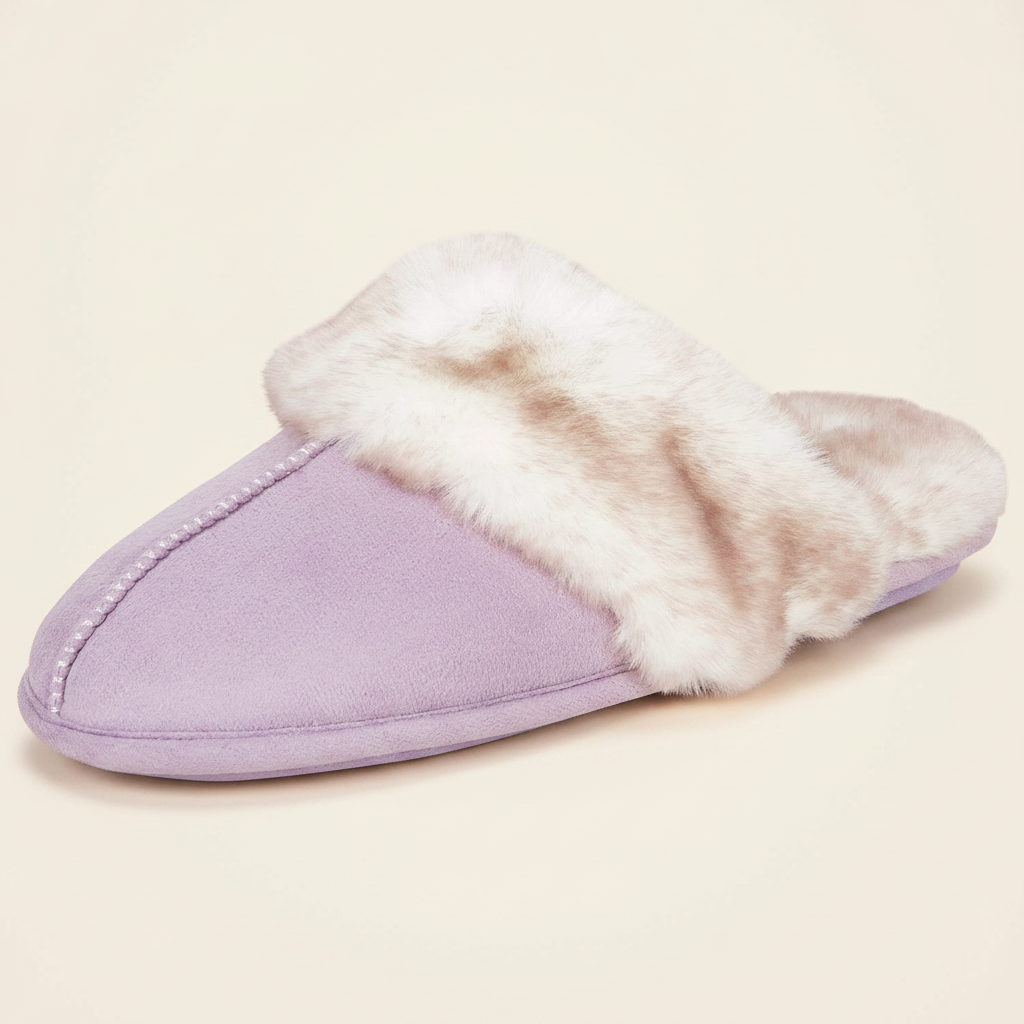 Lavender faux fur slipper close-up fur texture detail