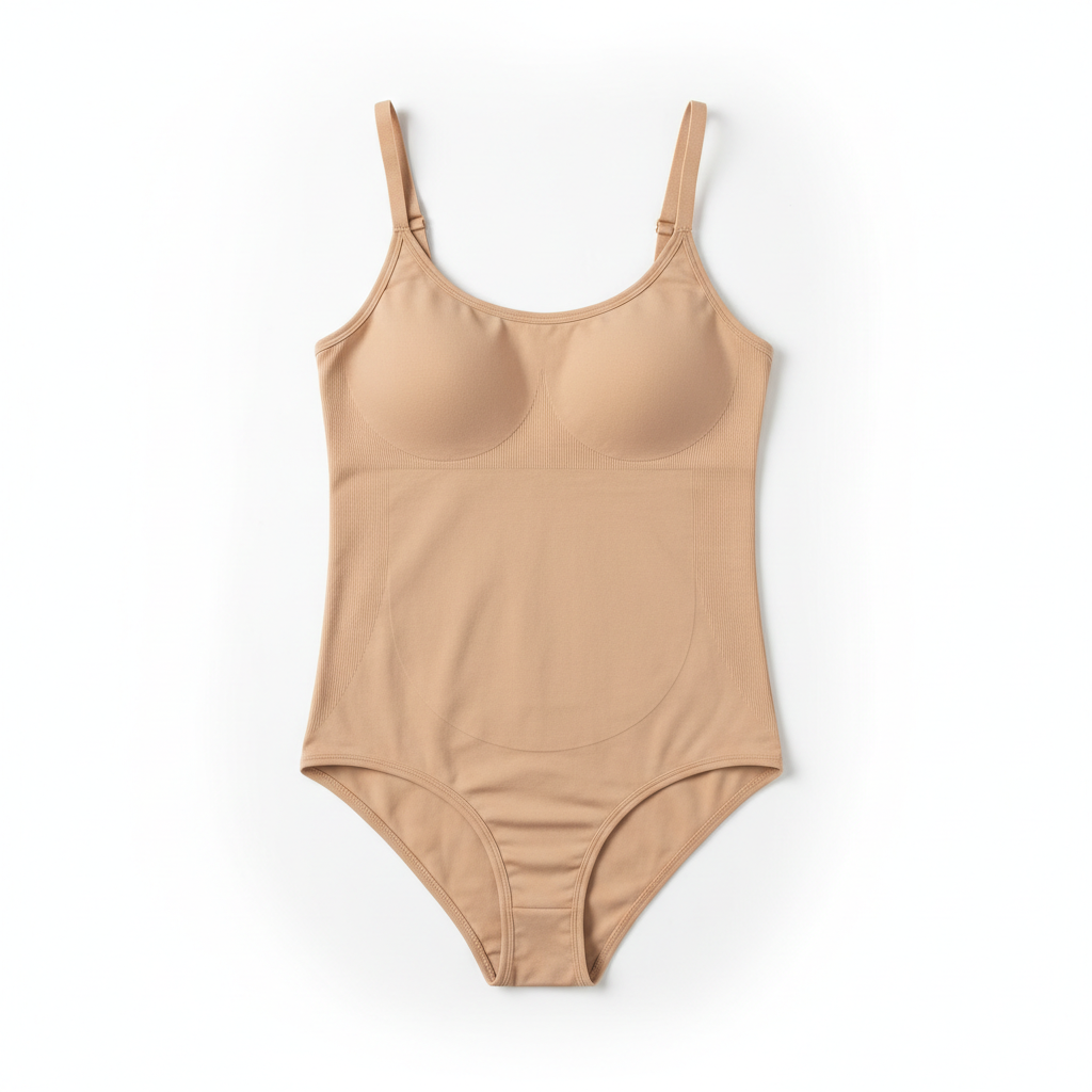 Seamless shapewear bodysuit flat-lay product shot