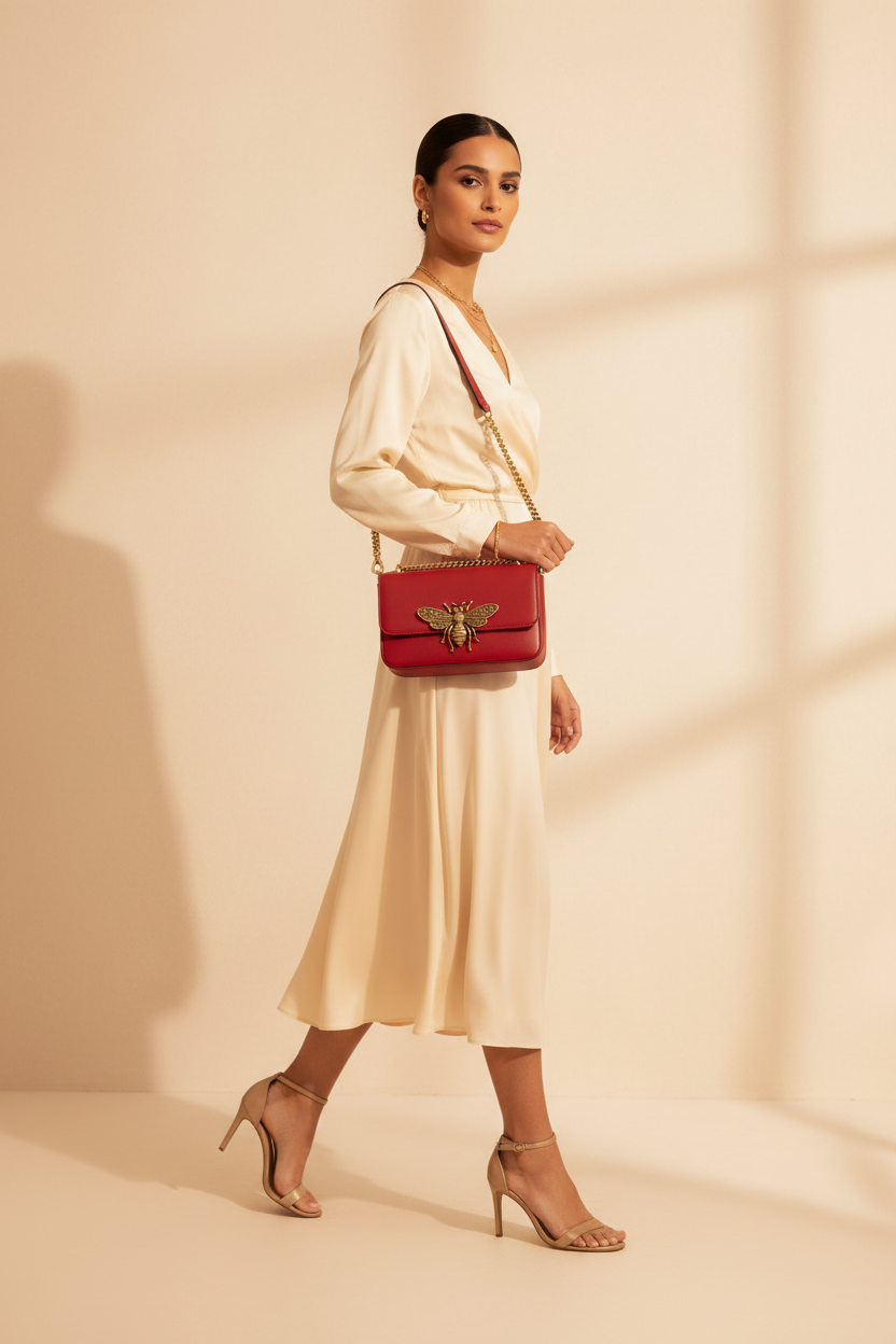 Retro Bee Emblem Crossbody Bag - Model 1 Red