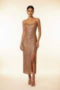 Camel spaghetti strap slit midi dress - front view - BYS Boutique
