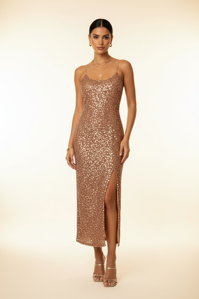 Camel spaghetti strap slit midi dress - front view - BYS Boutique