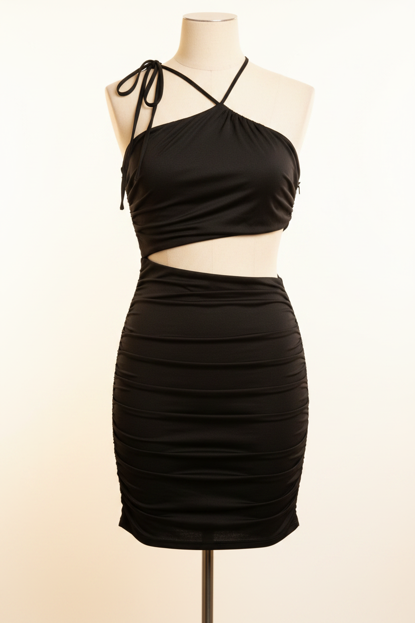 Black one-shoulder cutout bodycon dress - product shot - BYS Boutique
