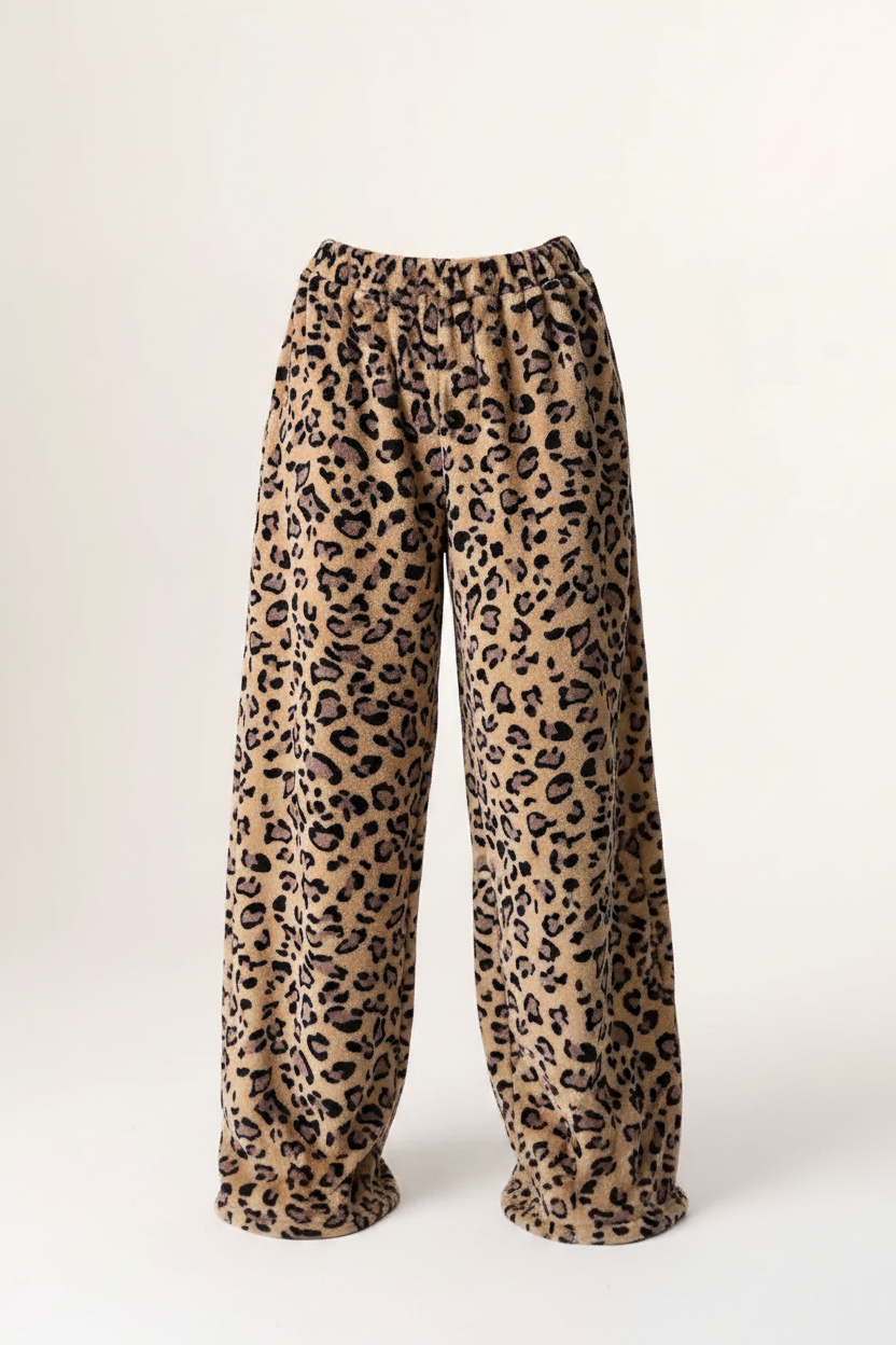 Leopard plush wide leg lounge pants - product shot - BYS Boutique