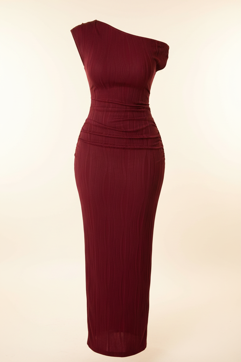 Wine red one-shoulder ruched maxi dress - product shot - BYS Boutique