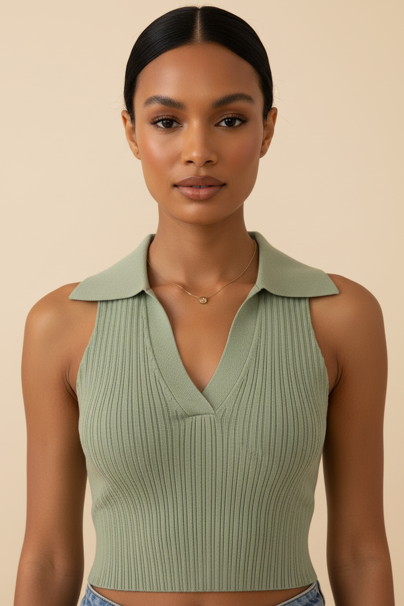 Model wearing sage green ribbed knit collar crop top