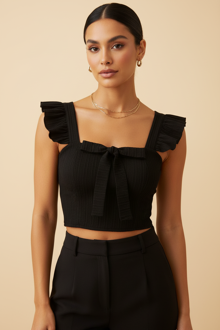 Model wearing black ruffled square-neck crop top